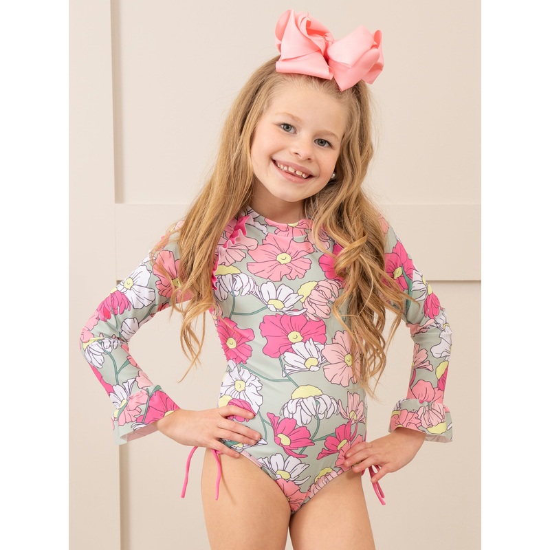 Pink & Green Blossoms Ruffle Swimsuit