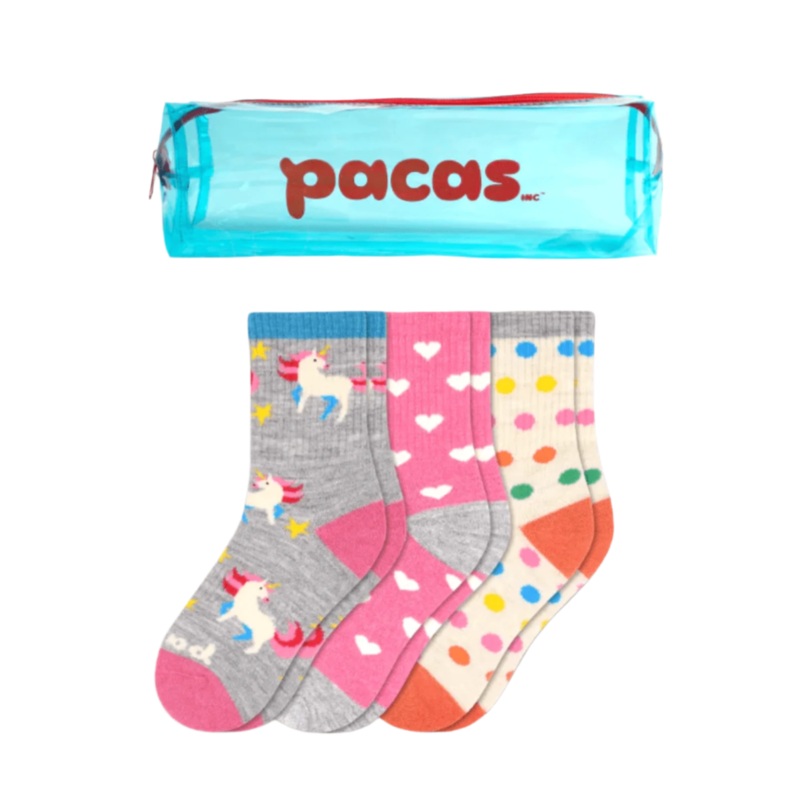 Pacas Kids’ Crew Socks 3 Pack- Unicorn/Hearts/Dots