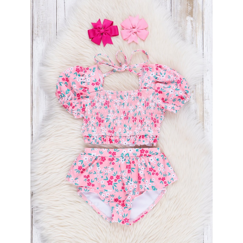 Pink Floral Puff Sleeve Ruffle Swimsuit