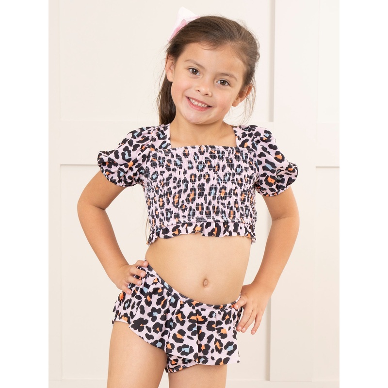 Peach Leopard Puff Sleeve Ruffle Swimsuit