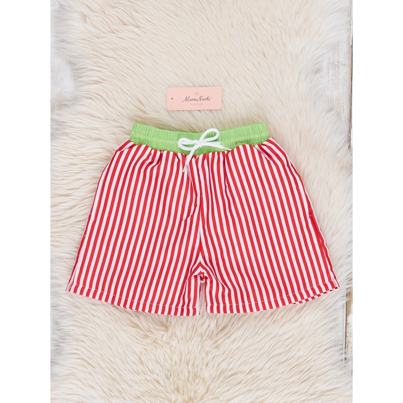 Red & Lime Striped Swim Trunks