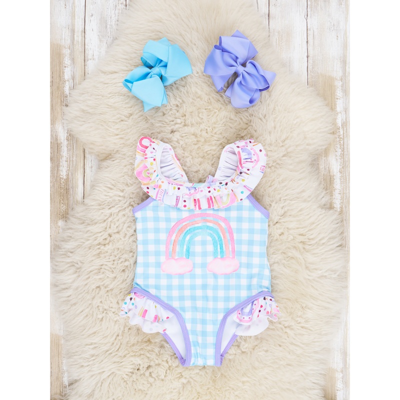 Blue Gingham Rainbow Ruffle Swimsuit