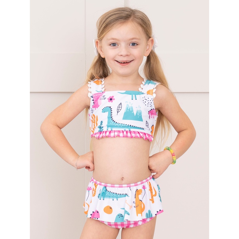 Magenta Gingham Dinosaur Pom Pom Swimsuit