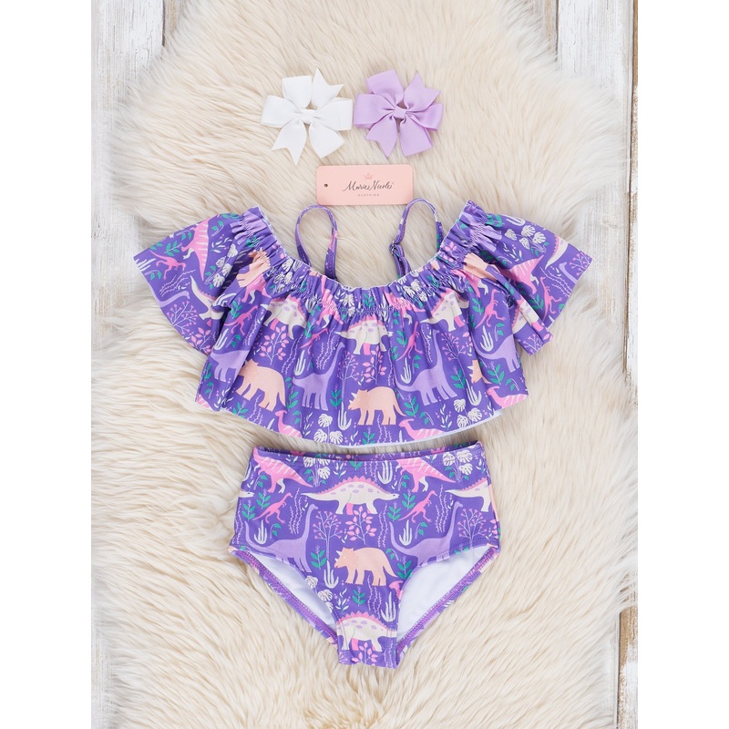 Purple Dinosaur Splash Three-Piece Swimsuit