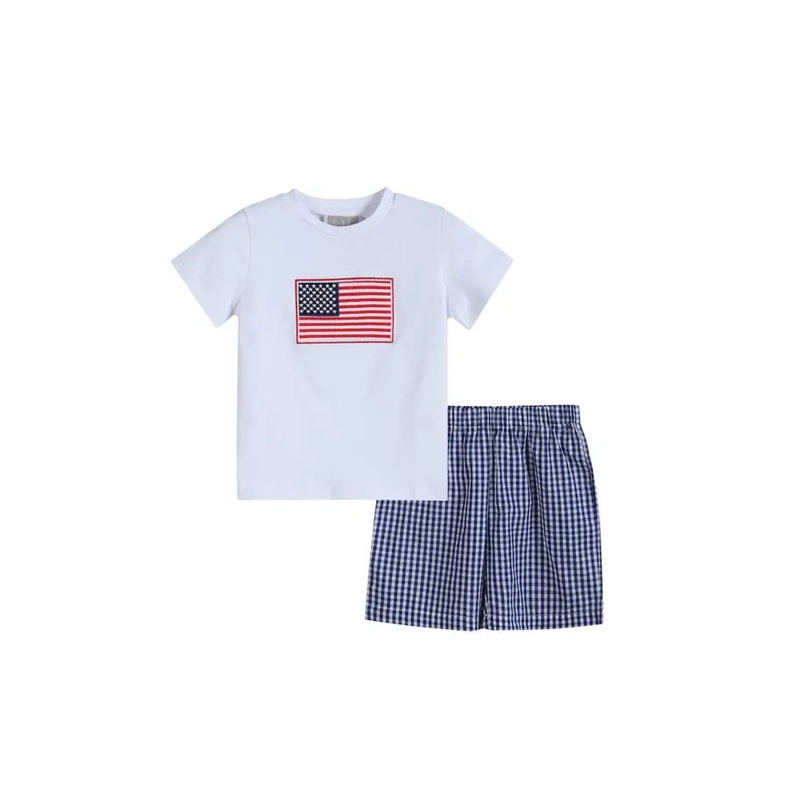 Blue Gingham USA Flag T-Shirt and Shorts Set