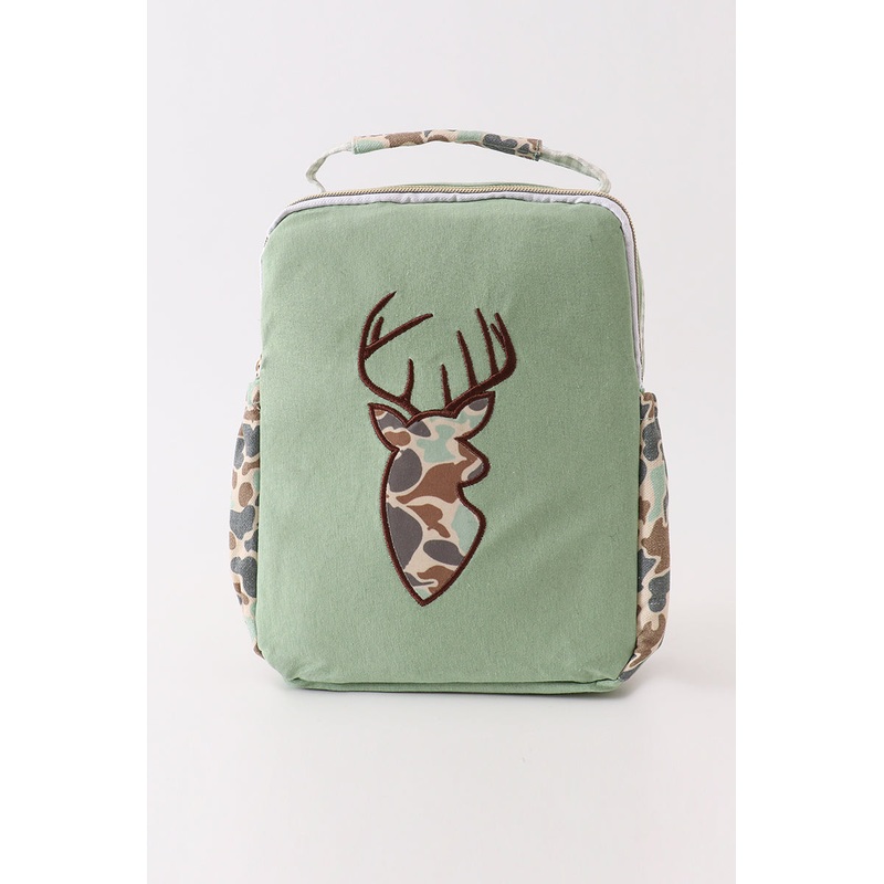 Green camouflage reindeer applique lunch bag