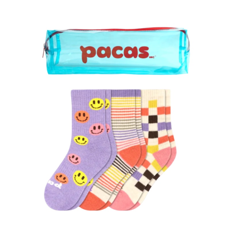 Pacas Kids’ Crew Socks 3 Pack- Smiley/Stripe/Check