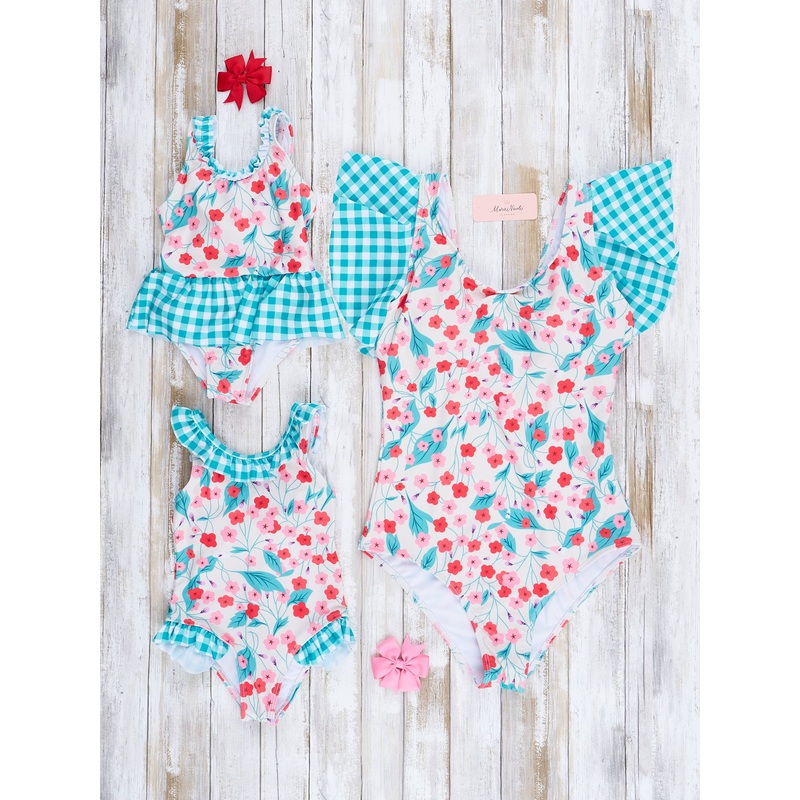 Mom & Me Teal Gingham & Blooms Ruffle Swimsuit