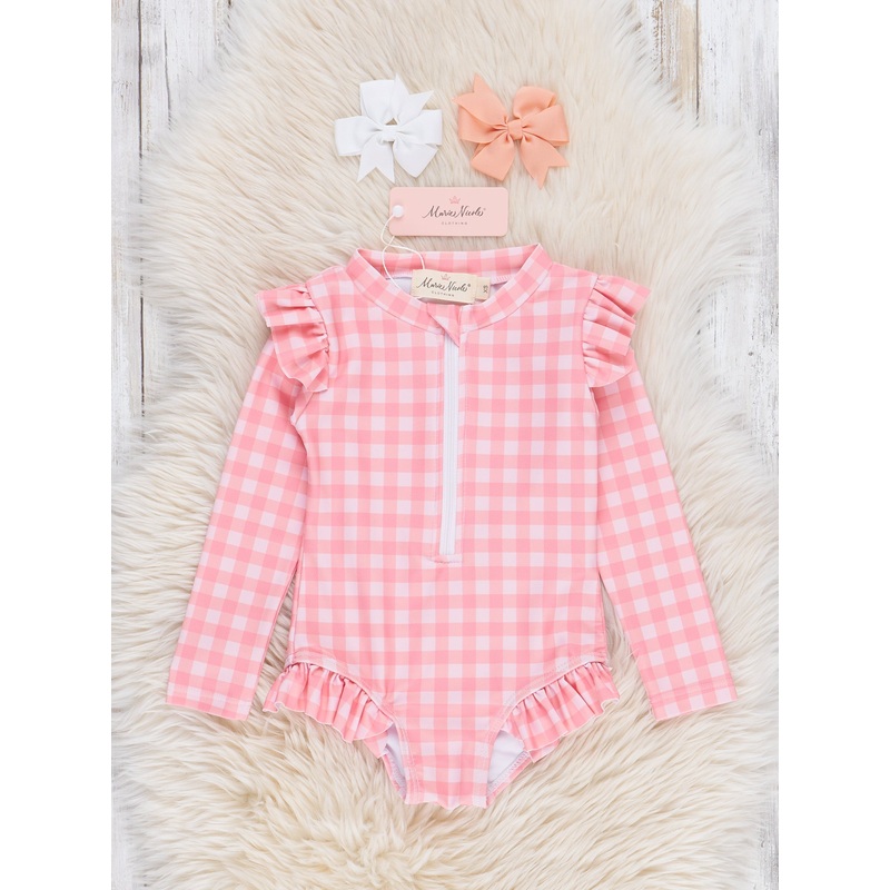 Gingham Zipper Rash Guard Swimsuit – Coral