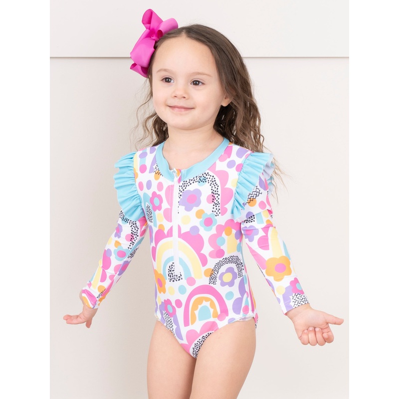 Bright Rainbows Ruffle One-Piece Rashguard Swimsuit