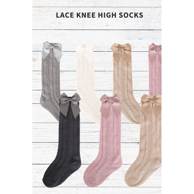 Lace cable bow knee high socks