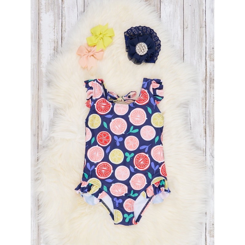 Citrus Ruffle Navy One-Piece Swimsuit