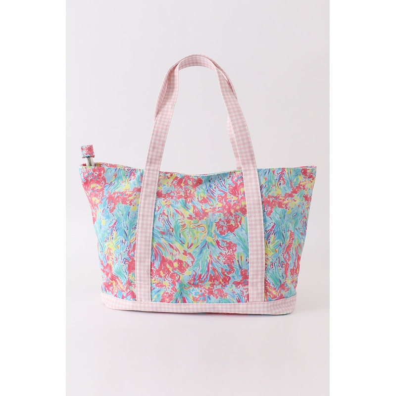 Green floral plaid tote bag