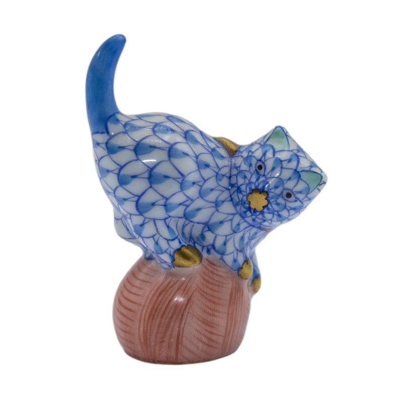 Herend Figurine: 5221 Mischevious Cat on Yarn – Blue