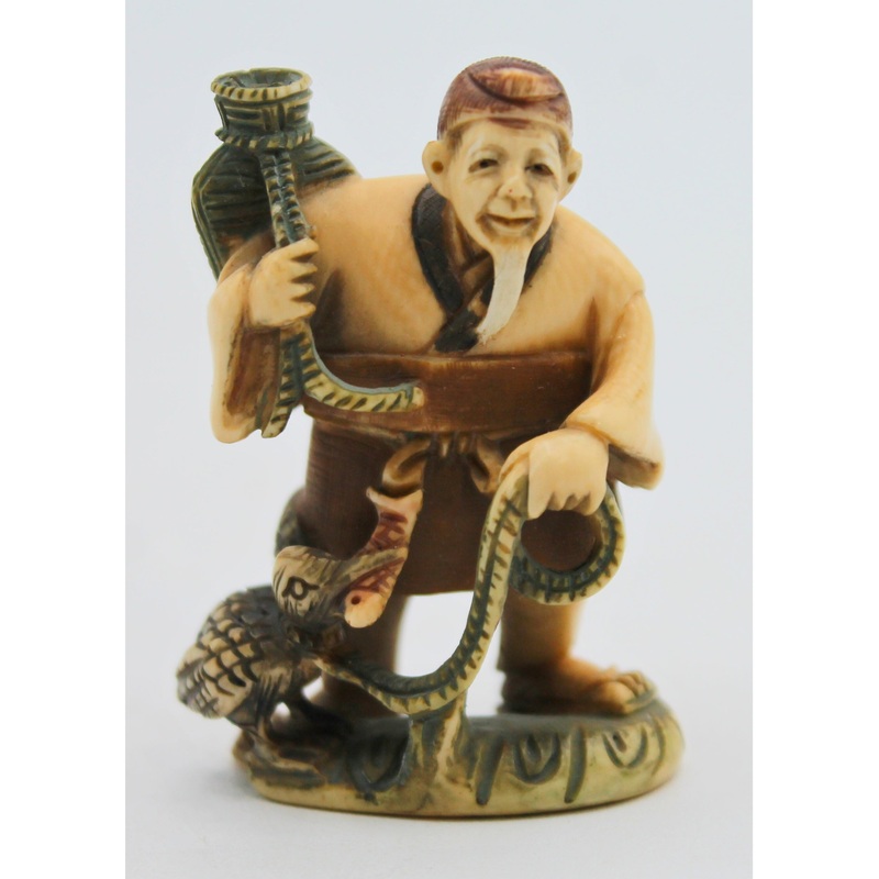 Antique Signed Japanese Netsuke – Man, Bird & Fish