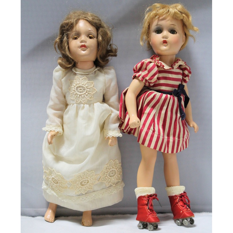 Lot of 2: Vintage Dolls, Red & White with Roller Skates, White Lacy Dress