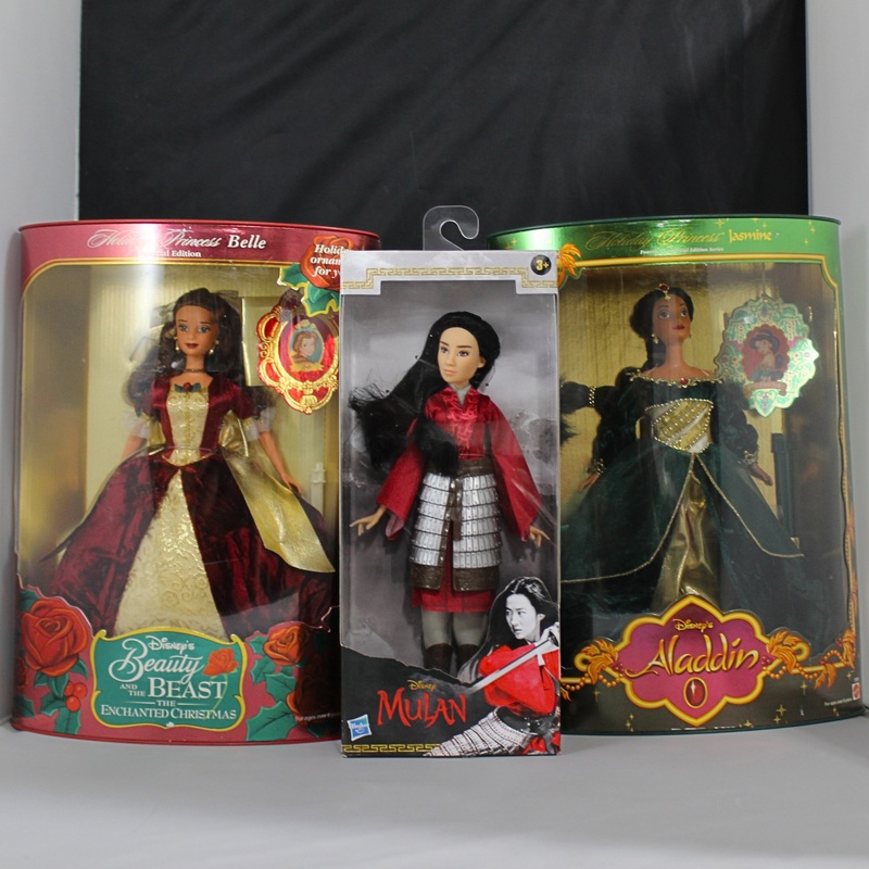 Lot of 3: Barbie doll Aladdin, Mulan, Beauty and the Beast Belle