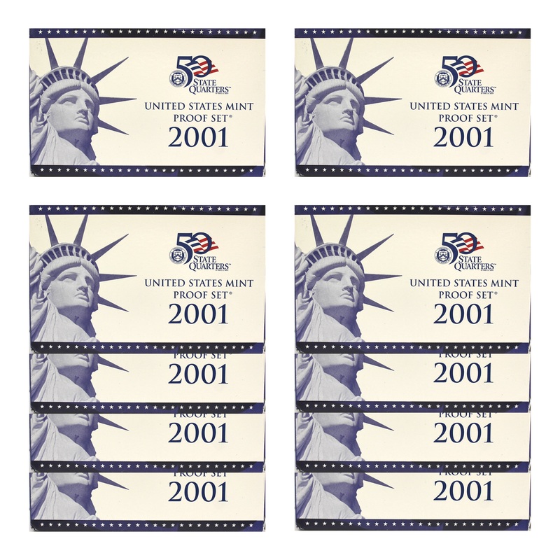 2001 Proof set 10 Pack CN-Clad Kennedy Sacagawea dollar State quarters – (OGP) 100 coins