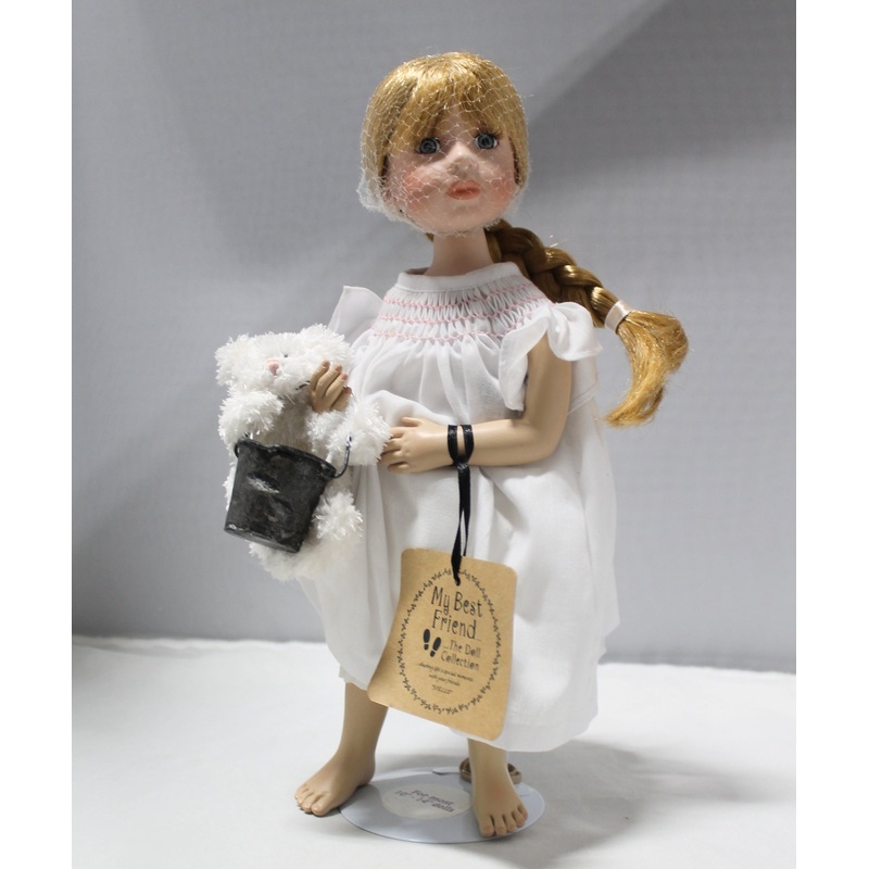 Boyd’s Collection Doll, Joelle #485/I, with Bear in a Bucket & Doll Stand