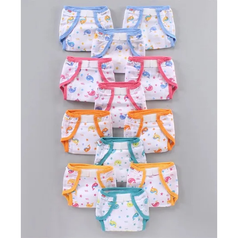 Babyhug Muslin Cotton Reusable Velcro Printed Cloth Nappies Medium Set of 12 – Multicolor