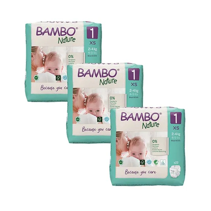Bambo Nature Eco Friendly Tape Diapers with Wetness Indicator XS Size Pack Of 3 – 66 Pieces