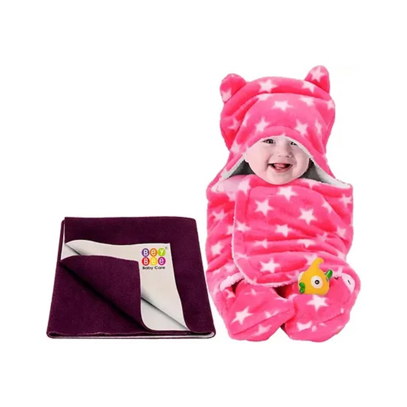 Bey Bee Wearable Hooded Full Body Cover Baby Sleeping Bag and Dry Sheet Star Print Small – Pink Purple