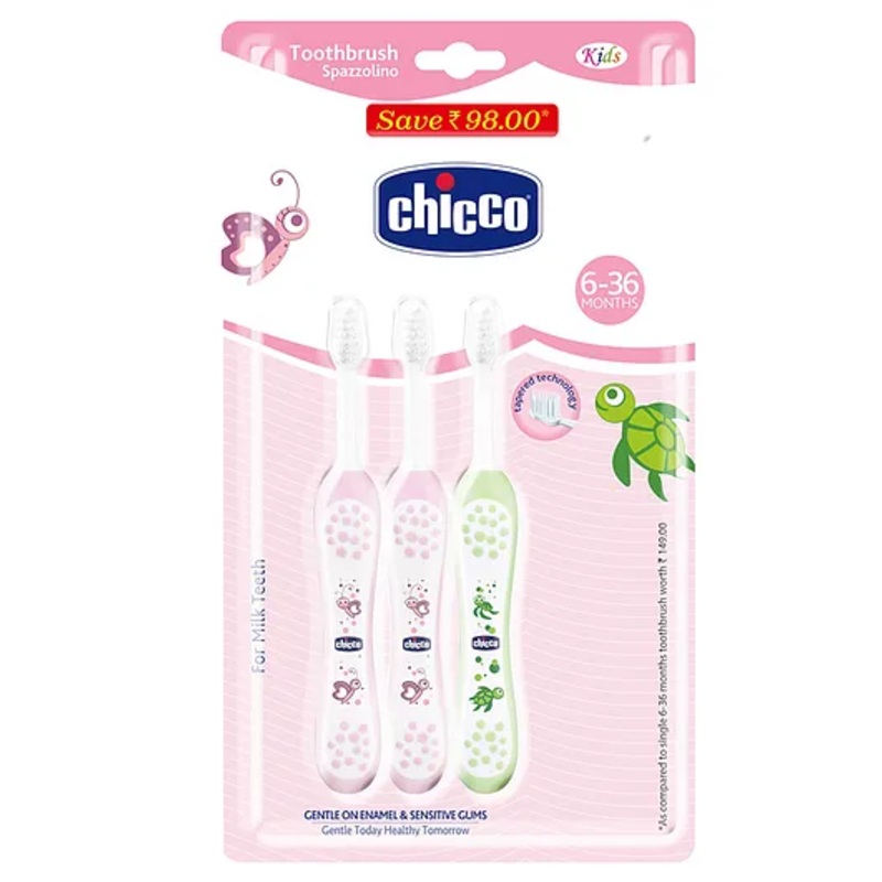 Chicco Toothbrush Turtle & Butterfly Print Pack of 3 – Pink & Green