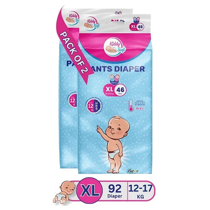 KiddySoft Baby Diaper Pants | Super Absorbent with Criss Cross Layer | Up to 12 Hours Protection | Softest Top Sheet | Comfortable Fit | Extra Large (12-17 KG) | Pack of 2 (56 Diapers )