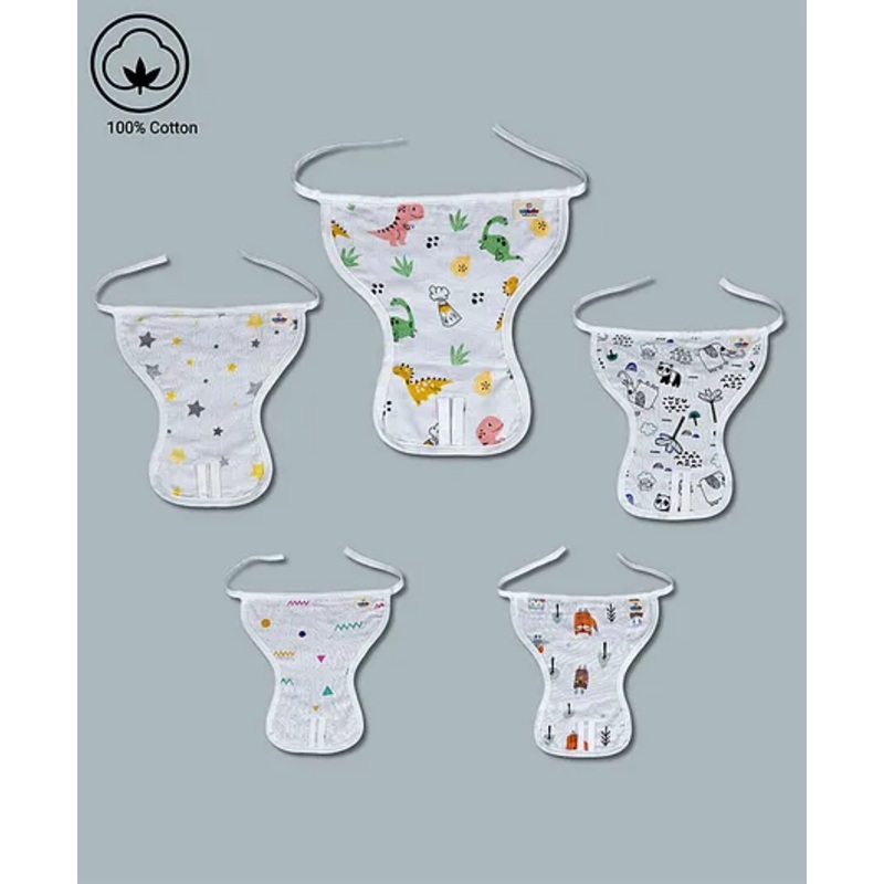 LazyToddler Muslin  Nappy Set of 5 Medium Dino Print – White