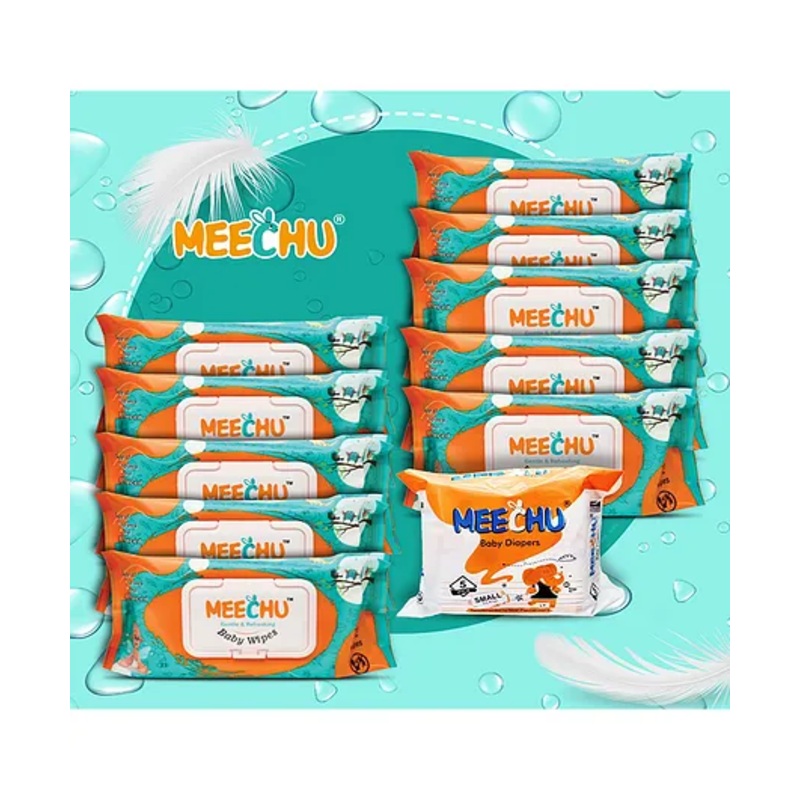 Meechu Baby Wet Wipes Pack of 10 With Small,Diapers Pack Free- 72 Pieces Each