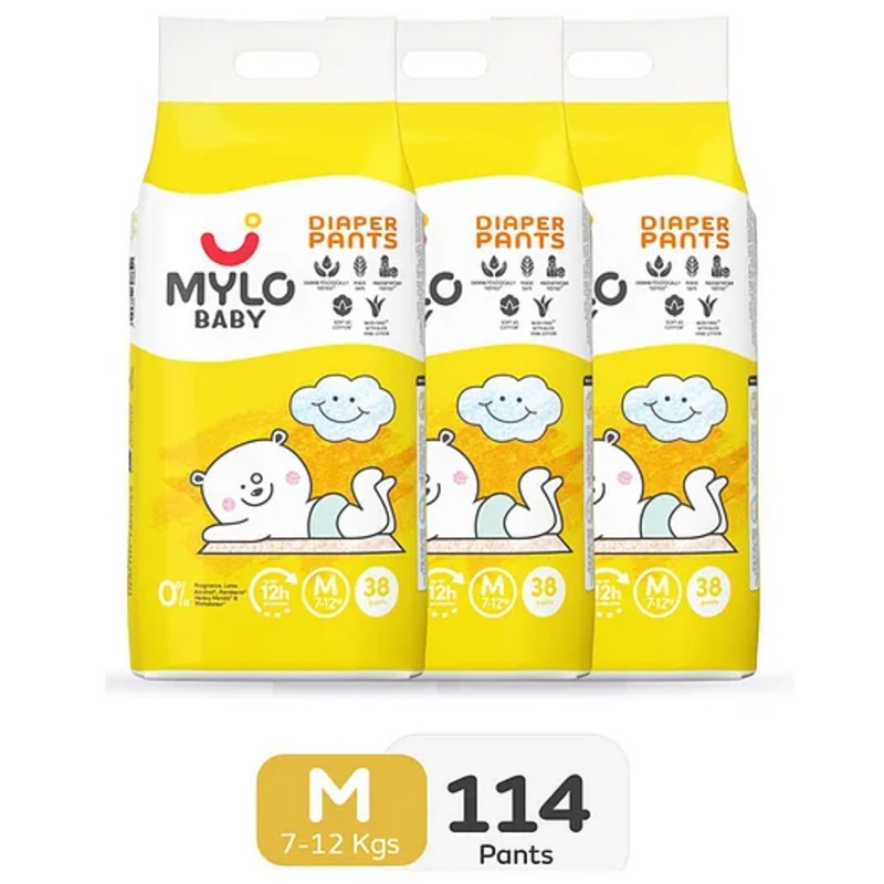 Mylo Baby Diaper Pants Medium (M) Size with ADL Technology 12 Hours Protection Pack of 3 – 114 Pieces