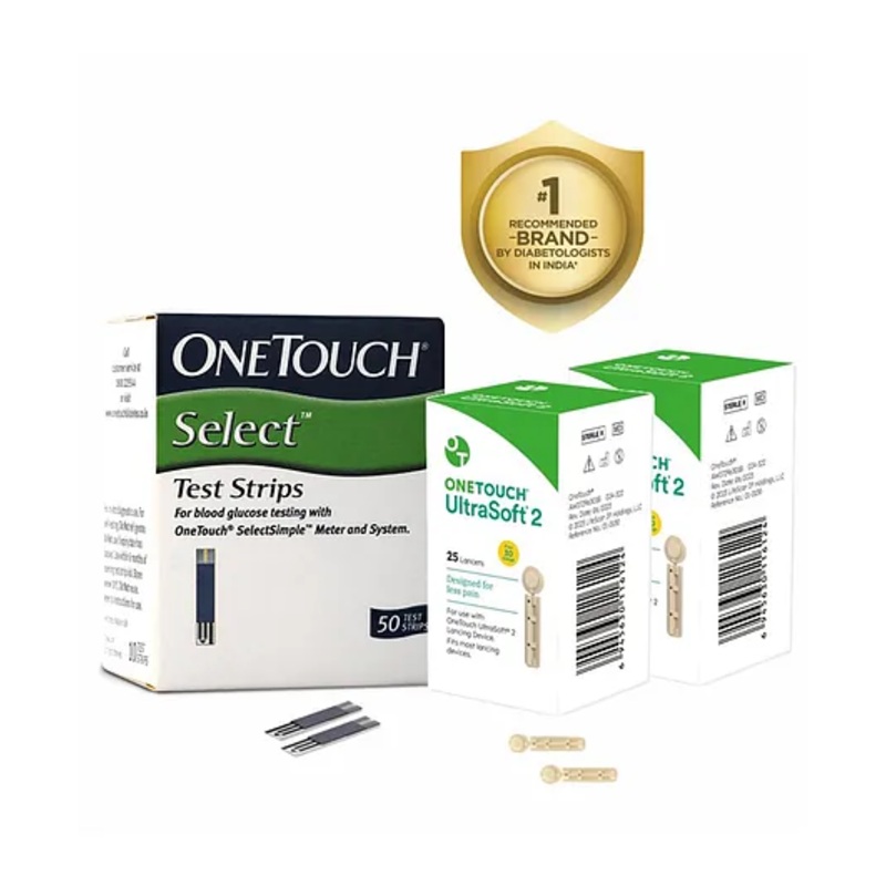 Onetouch Select Test Strips | Pack Of 50 Strips With 50 Onetouch Ultrasoft 2 Lancets | Blood Sugar Test Machine Testing Strips | Global Iconic Brand | For Use With Select Simple Glucometer