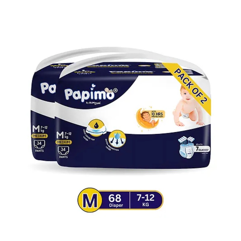 Papimo Baby Diaper Pants  | 12 Hours Absorption with Criss-Cross Technology | Cottony Soft & Breathable | Aloe Vera Infused | Wetness Indicator | Medium (7-10 KG) | Pack of 2 (68 Diapers)
