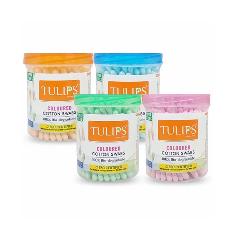 Tulips Biodegradable Cotton Buds Swabs Pack Of 4 Multicolor – 100 Pieces Each