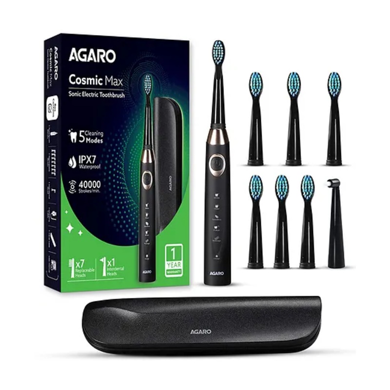AGARO Cosmic Max Sonic Electric Toothbrush for Adults, 5 Modes, 7 Brush Heads, Interdental Head, 25 Days Battery Life  Black