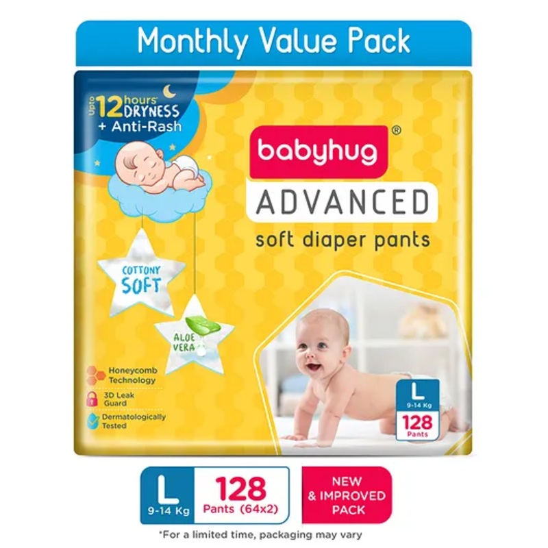 Babyhug Advanced Pant Style Diapers Large (L) Size Monthly Box Pack – 128 Pieces, Honeycomb Technology, Cottony Soft Diaper with 3D Leak Guard, Latex & Alcohol Free, Anti-rash & Gentle