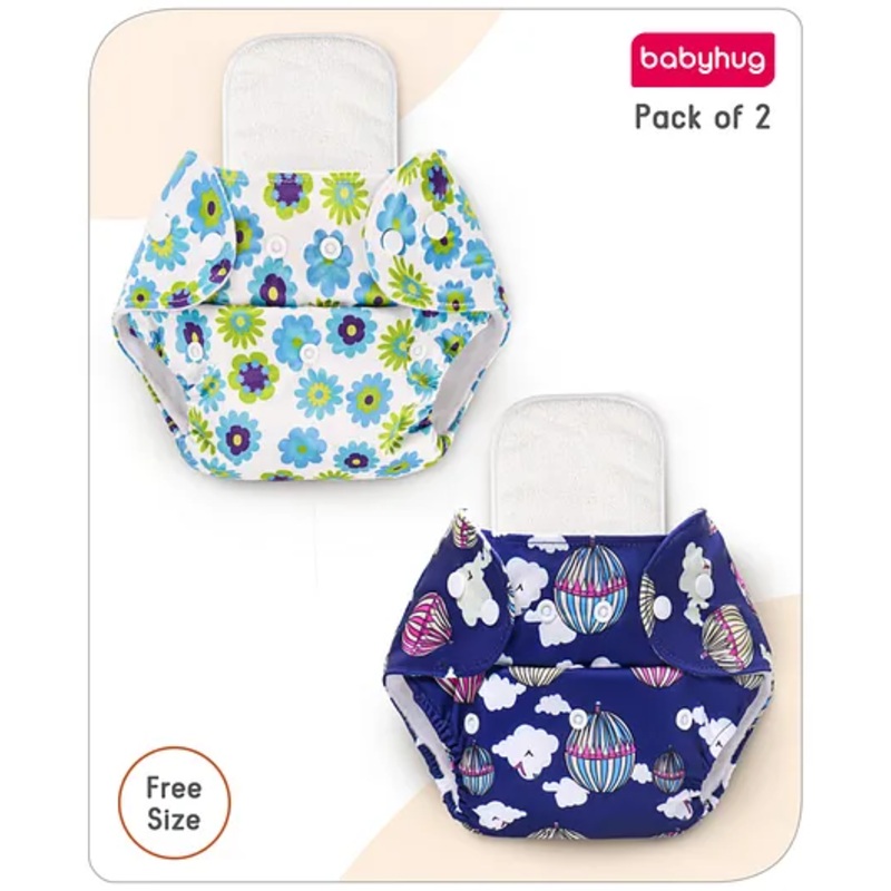 Babyhug Free Size Reusable Cloth Diaper with Inserts Hot Air Balloon & Floral Prints Pack of 2 – Multicolour