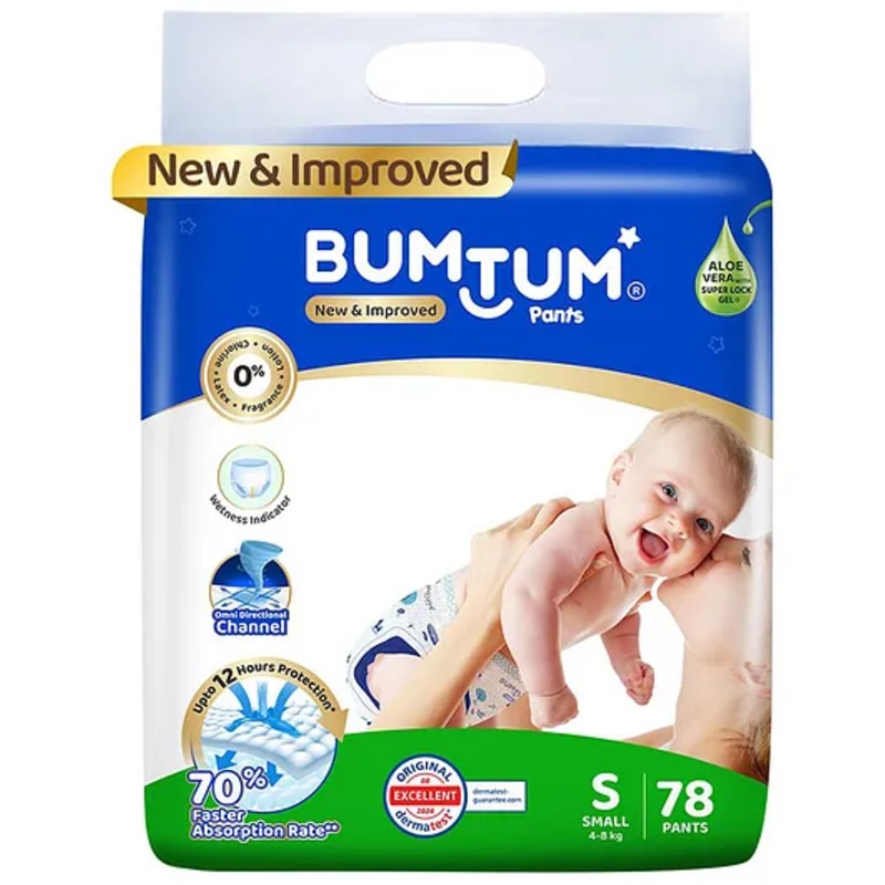Bumtum Baby Diaper Pants with Double Layer Leakage Protection Infused With Aloe Vera, Cottony Soft High Absorb Technology  Small – 78 Pieces