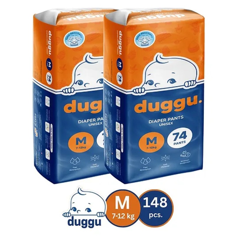 Duggu Baby Diaper Pants | Feather-Like Cotton Feel | Up to 10-Hour Absorption | Soft Elastic Waistband | Highly Absorbent | Medium | 7-12 KG | Pack of 2 – 148 Diapers