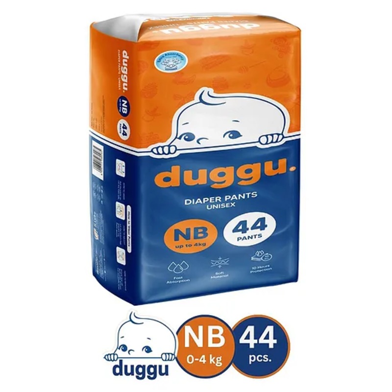 Duggu Baby Diaper Pants | Feather-Like Cotton Feel | Up to 10-Hour Absorption | Soft Elastic Waistband | Highly Absorbent | New-Born | 0-4 KG | Pack of 1 – 44 Diapers