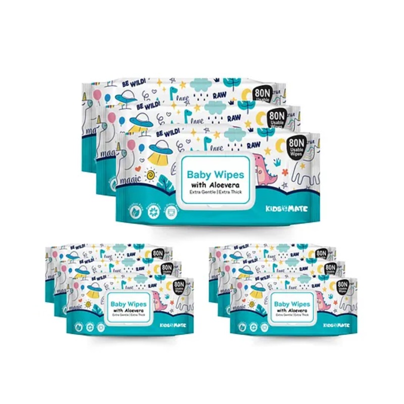 Kidsmate Gentle Care Baby Wipes | Soft & Thick Wet Wipes for Babies | Aloe Vera Moisturizing Wipes for Delicate Skin | Prevents Rashes & Redness | Alcohol & Soap-Free (80 Count (Pack of 9)