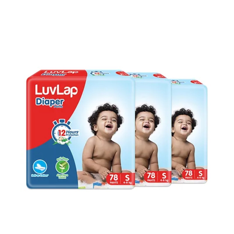 LuvLap Pant Style Baby Diapers, Small (SM), Pack of 3, 234 Pants, Aloe Vera Lotion, 12hr Protection, White