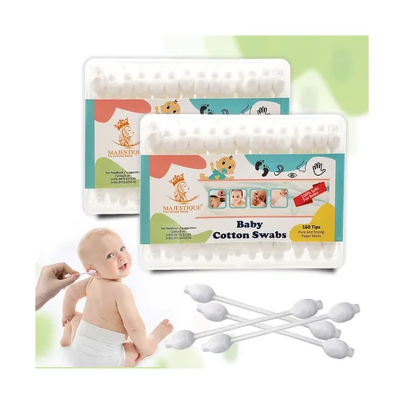 Majestique Baby Safety Cotton Swab Paper Organic Soft & Gentle Tip for Cleaning & More – 80-Swabs each for Baby – Pack of 2