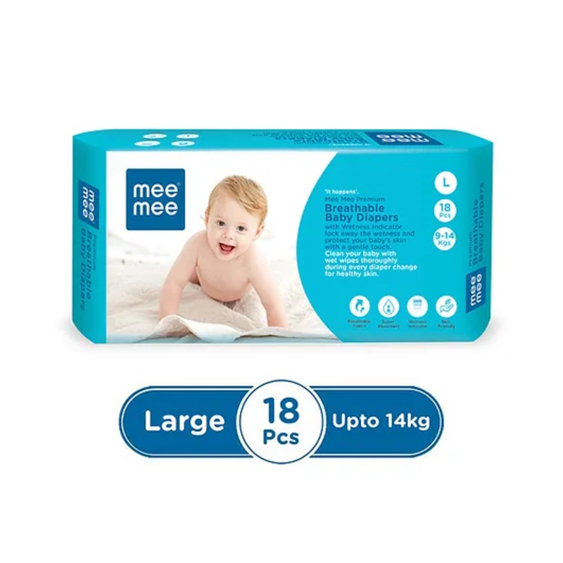 Mee Mee Premium Breathable Baby Diapers Large – 18 pieces