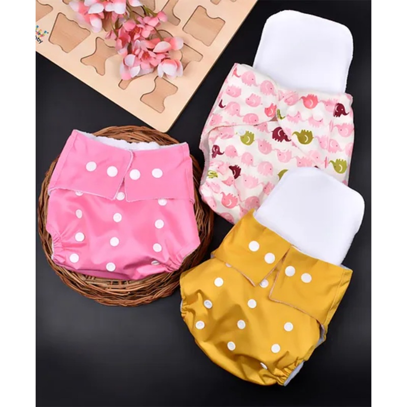 Moms Home Baby Reusable Poly Cotton Pocket Diapers With 3 Inserts Printed & Solid Pack of 3- Multicolor