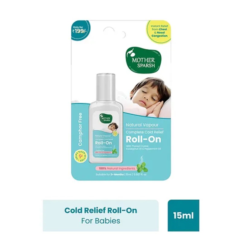 Mother Sparsh Baby Natural Vapour Complete Cold Relief Roll-On With Thymol Crystal Eucalyptus Oil & Peppermint Oil – 15 ml