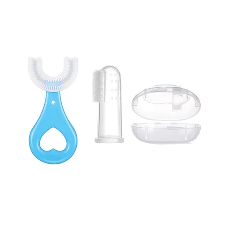 numum Finger Toothbrush and U Shape Brush (White finger brush, blue U shape brush) – (Color and design may vary)
