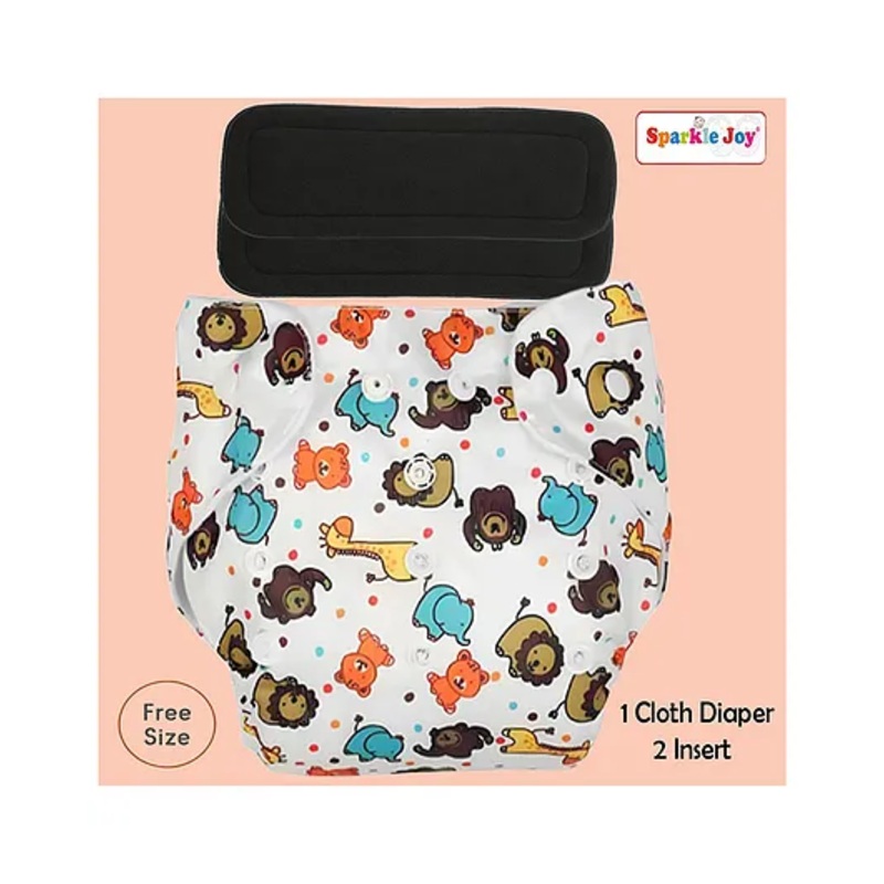 Sparkle Joy Free Size Reusable Cloth Nappies With 2 Smart Dry Inserts – White