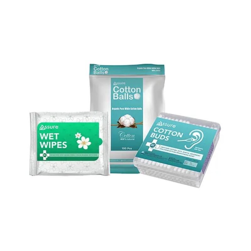 Assure Personal Care Set, Cotton Balls 100 Pcs, Cotton Buds 100 Sticks, Wet Wipes 30N Variation (Set of 1)