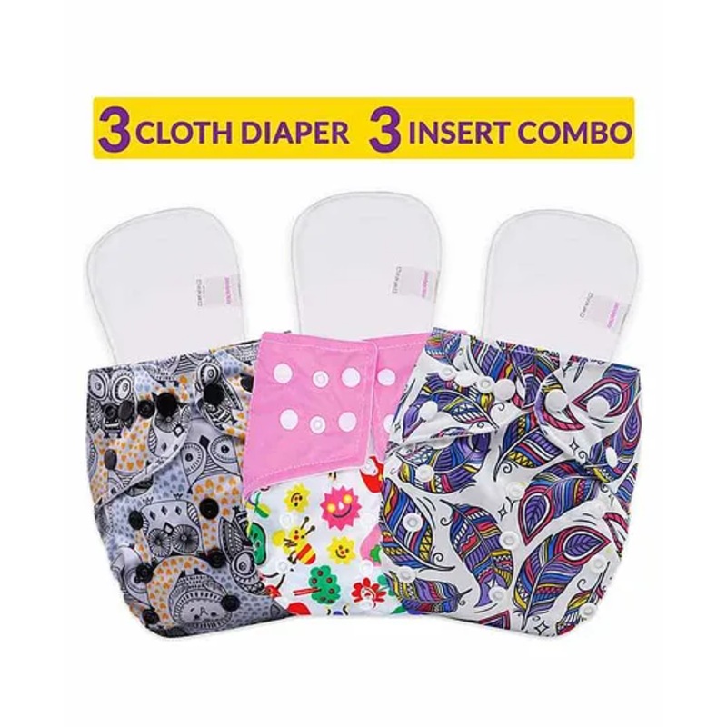 Bembika Reusable Cloth Diapers With Inserts Multi Print Pack of 3 – Grey Pink